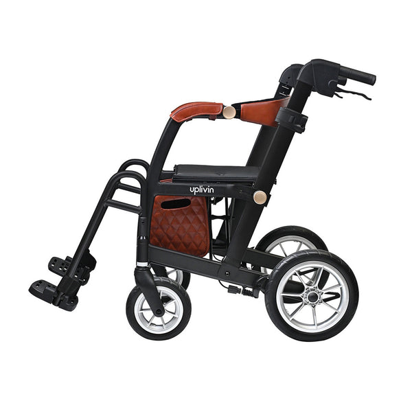 Able2 Uplivin Glide 2-in-1 rollator and wheelchair with seat, four wheels, footrests and quilted under-seat bag, front view.