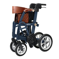 Folded Uplivin Glide 2-in-1 rollator and wheelchair with brown backrest and footrests, side view.