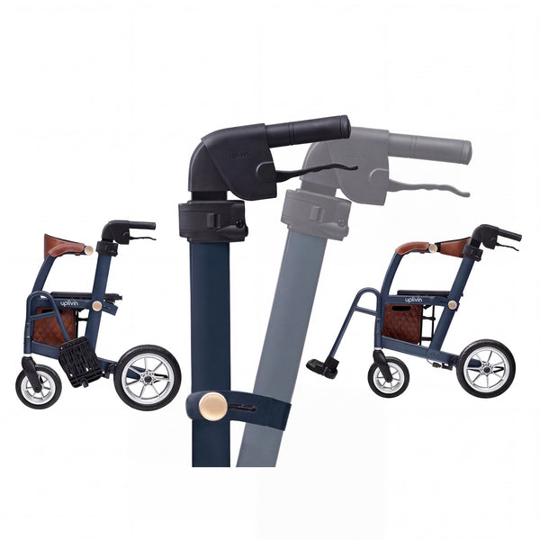 Uplivin Glide 2-in-1 rollator and wheelchair with foldable seat and adjustable handle, side view and close-up.