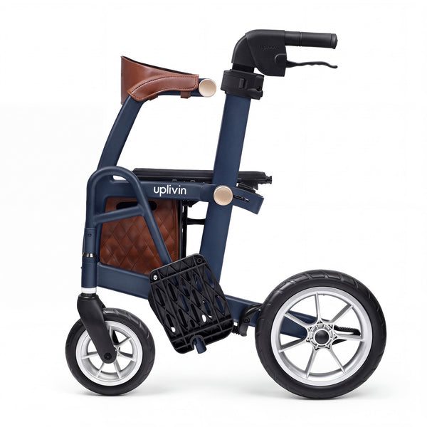 Uplivin Glide 2-in-1 Rollator and Wheelchair with adjustable footrests and storage bag, side view.