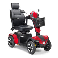Drive Viper Scooter with adjustable padded seat, armrests, headrest, basket and four wheels, side view.
