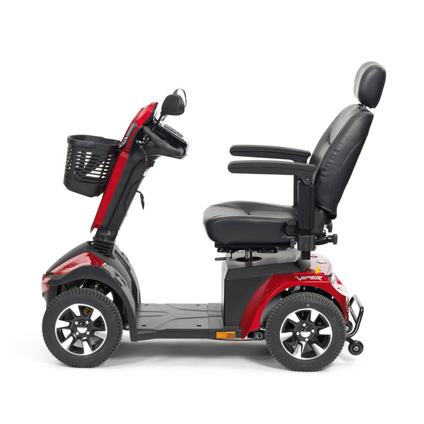 Drive Viper Scooter with basket, adjustable seat, armrests and headrest side view.