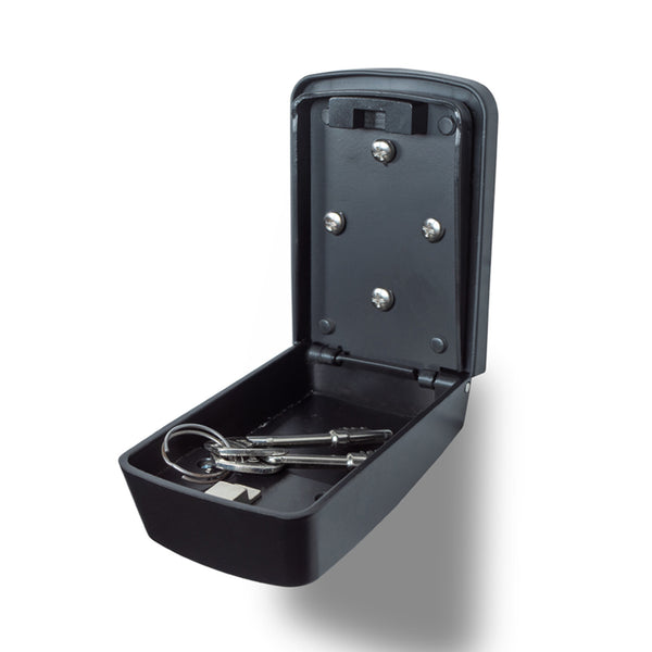 Aidapt Wall Mounted Key Safe open with two spare keys inside, white background, front view.