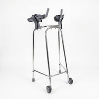 Trulife Wheeled Trough Frame with two front wheels and padded forearm troughs, mobility aid, front view.