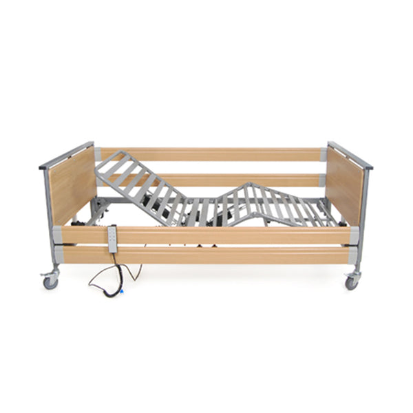 Woburn Community Bed with wooden side panels, metal frame, wheels and remote control, profiling design, angled side view.