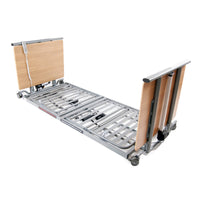 Woburn Ultra Low Profiling Bed by Harvest Healthcare, adjustable metal frame with wood boards, optional Trendelenburg, side view.