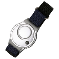 Solon Security Wrist Alarm with large button and adjustable fabric strap, front view.