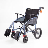 Urathon Yo-Yo full suspension wheelchair, lightweight folding frame, self-propelled with footrests and large rear wheels, side view.