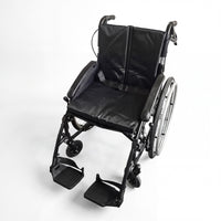 Urathon Zephyr crash tested lightweight aluminium wheelchair with footrests, armrests and large rear wheels, side view.