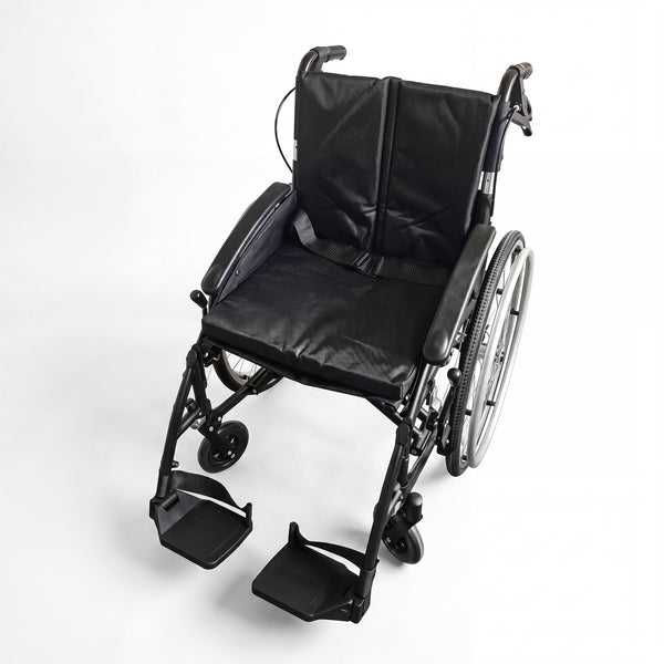 Urathon Zephyr crash tested lightweight aluminium wheelchair with footrests, armrests and large rear wheels, side view.