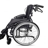 Urathon Zephyr crash tested wheelchair with large rear wheels and footrests, lightweight aluminium, side view.