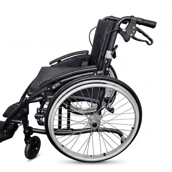 Urathon Zephyr crash tested wheelchair with large rear wheels and footrests, lightweight aluminium, side view.