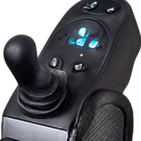 Urathon Zeus Auto-Folding Powerchair joystick showing illuminated display and control buttons, close-up.