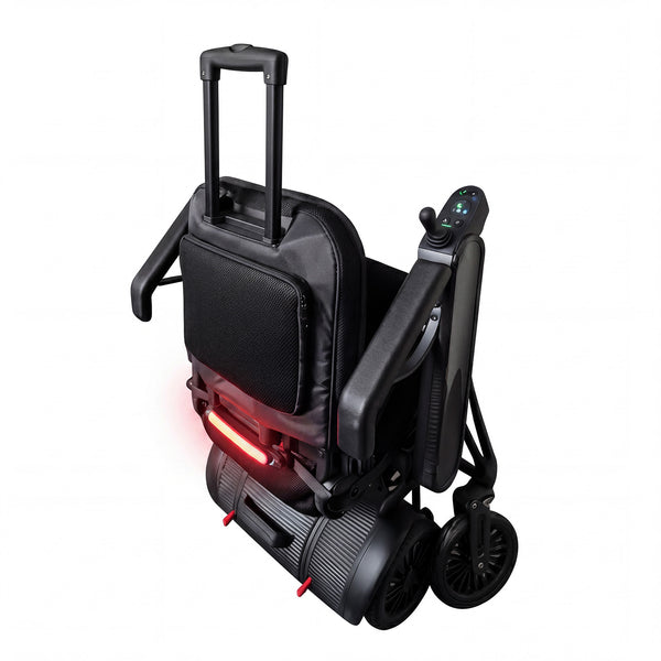 Urathon Zeus Auto-Folding Powerchair with suitcase handle, joystick controls and rear safety light, back view.