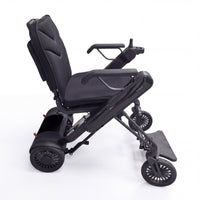 Urathon Zeus Auto-Folding Powerchair, foldable with armrests, footrest, rear-wheel drive, lightweight design, side view.